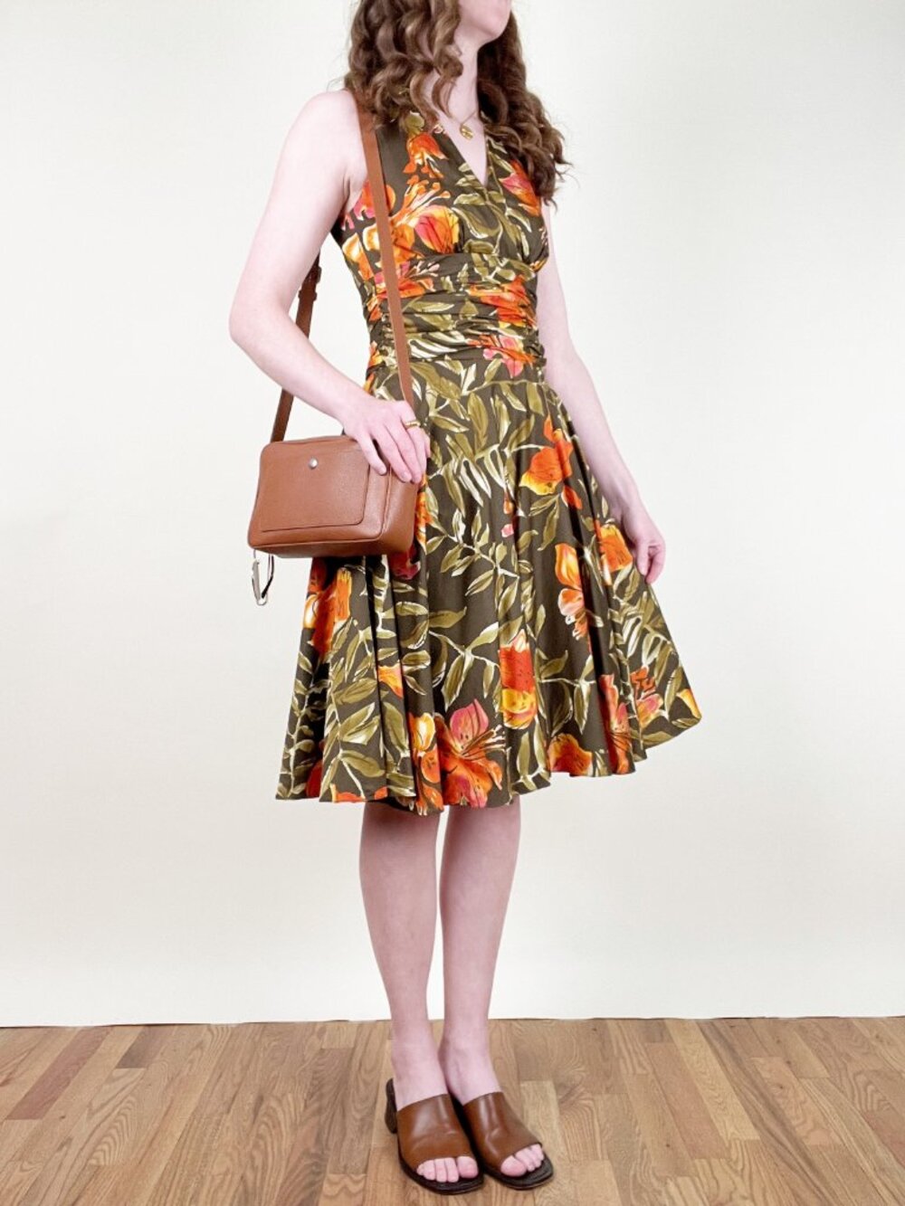 Vintage Fit & Flare A-line Midi Dress Floral Print 50s 60s MCM Mid Century Mod